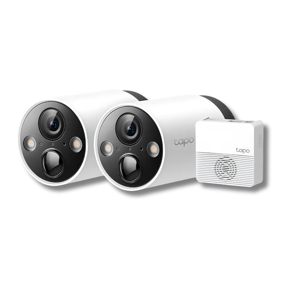 TP-Link Tapo C420S2 Smart Wire-Free Security Camera System, including two cameras and a central device.
