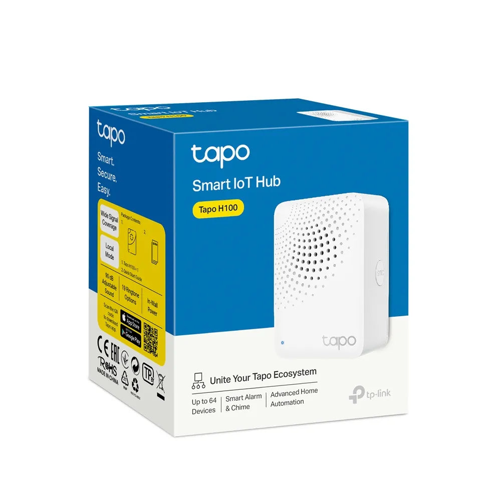 TP-Link Tapo H100 Smart Hub with Chime in its blue and white packaging box.