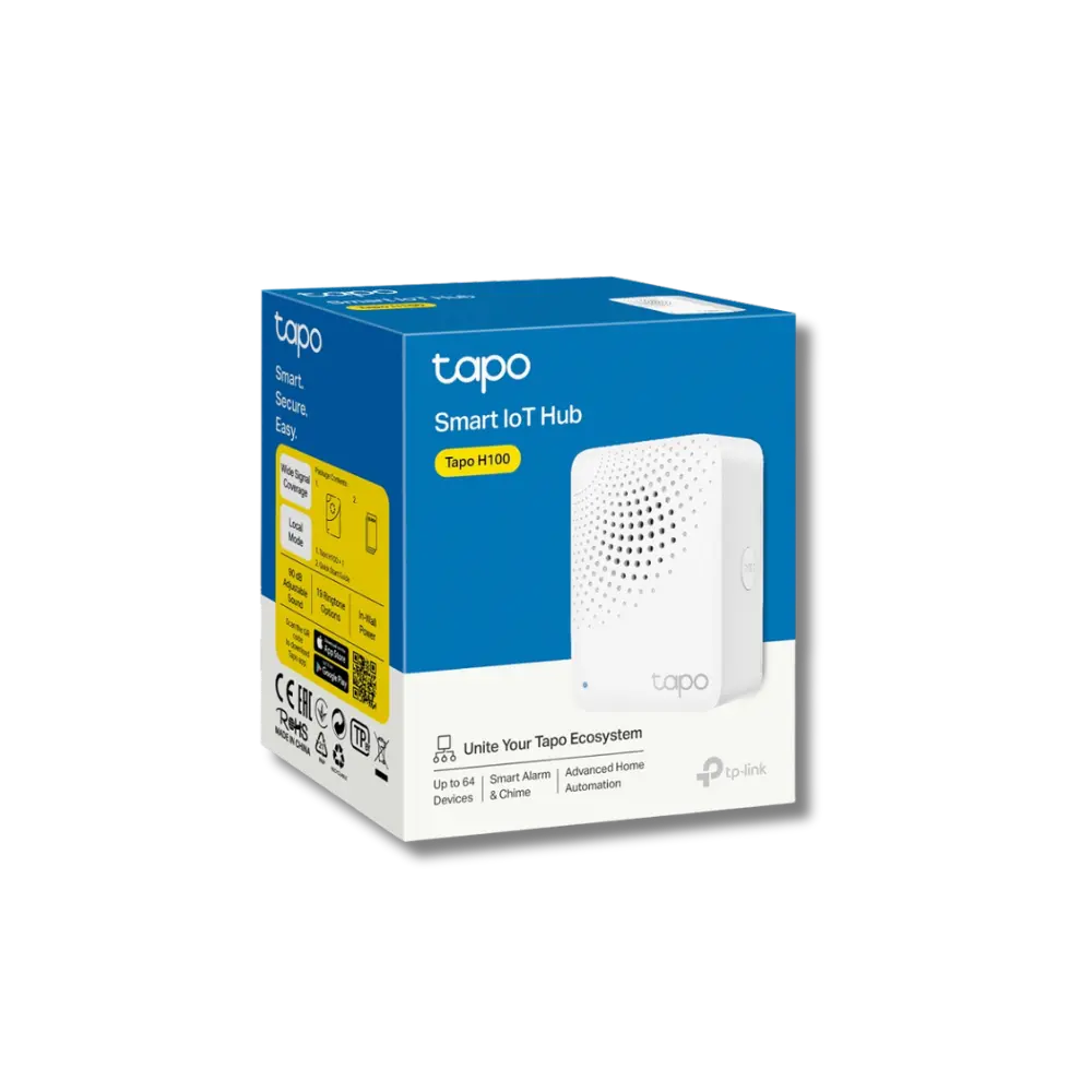 TP-Link Tapo H100 Smart Hub with Chime in its blue and white packaging box.
