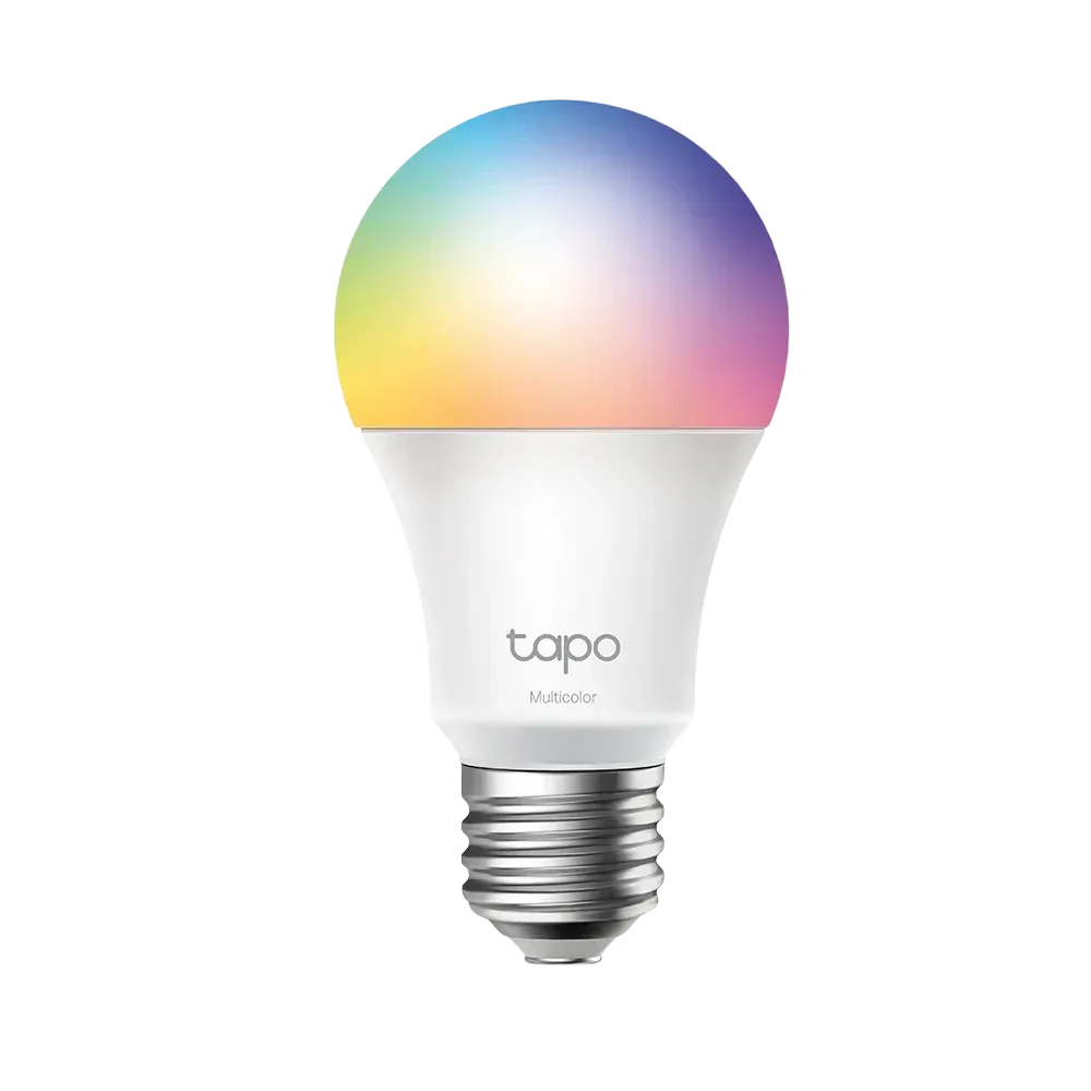 TP-Link Tapo L530E Smart Wi-Fi Multicolor Light Bulb with a white base and multicolored top, displaying a range of colors.