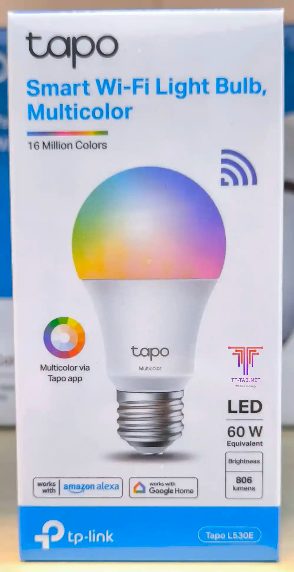 TP-Link Tapo smart Wi-Fi light bulb packaging with multicolor feature on a white background