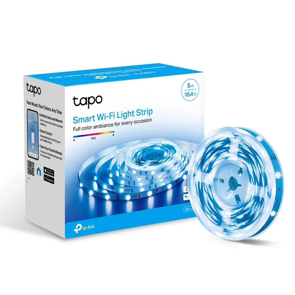TP-Link Tapo L900-5 Smart Wi-Fi Light Strip packaging box with the light strip displayed in front of the box.