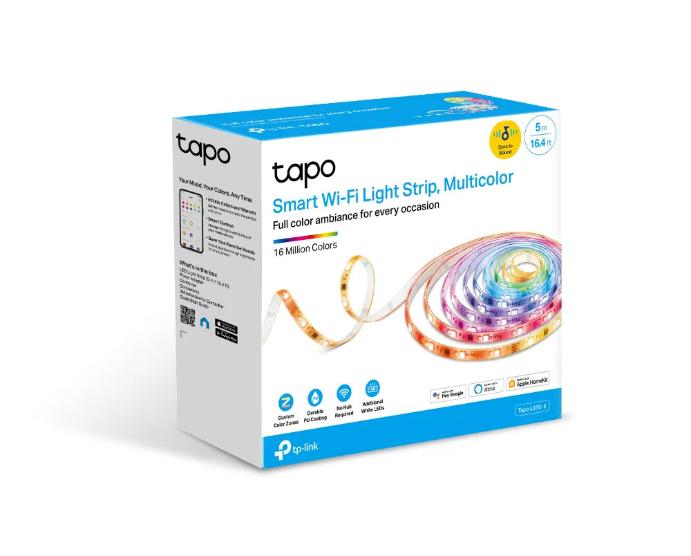 TP-Link Tapo L930-5 Smart Wi-Fi Light Strip packaging box showing the light strip and product features.