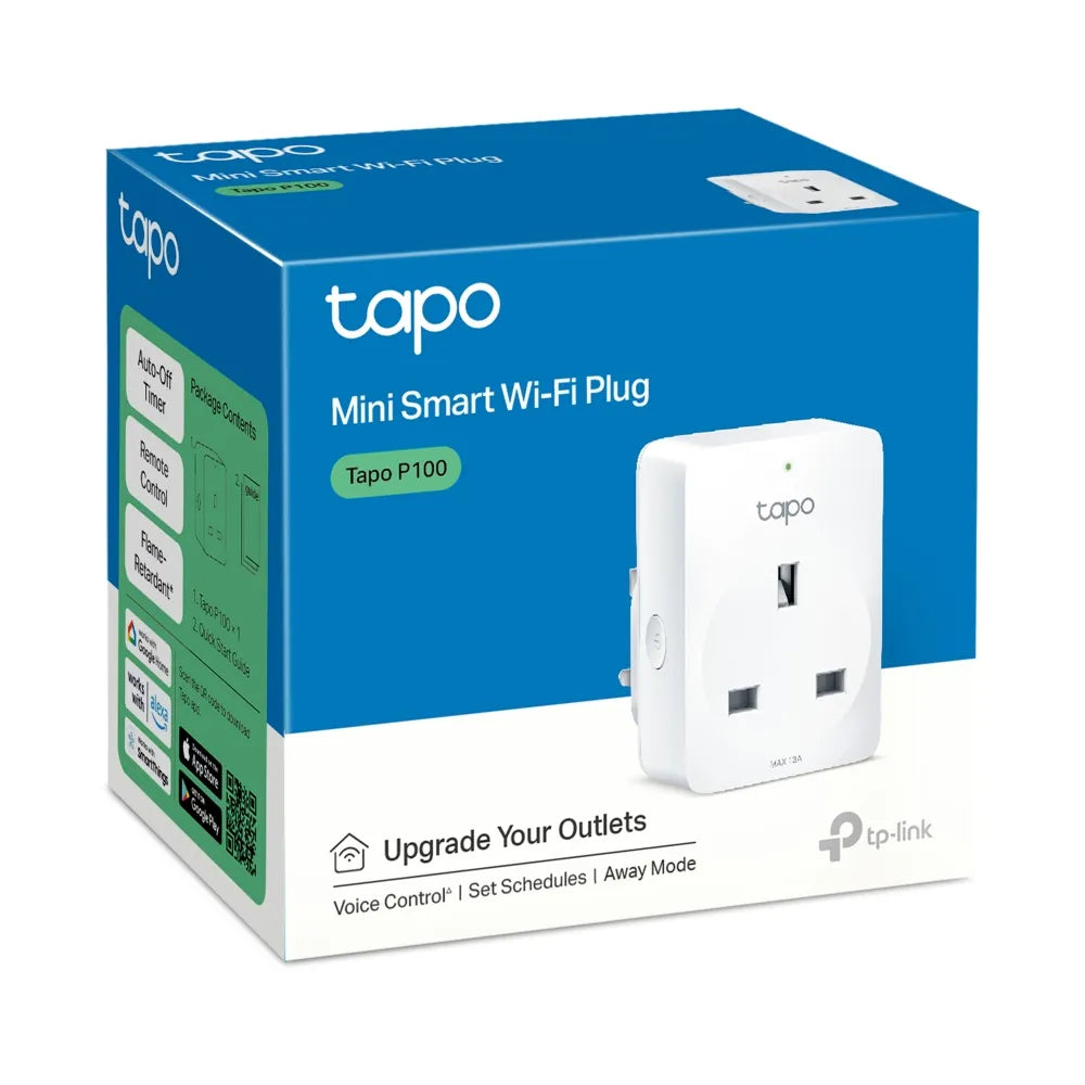 TP-Link Tapo P100 Mini Smart Wi-Fi Plug in white color, with packaging displaying product features and compatibility with voice control and smart home systems.