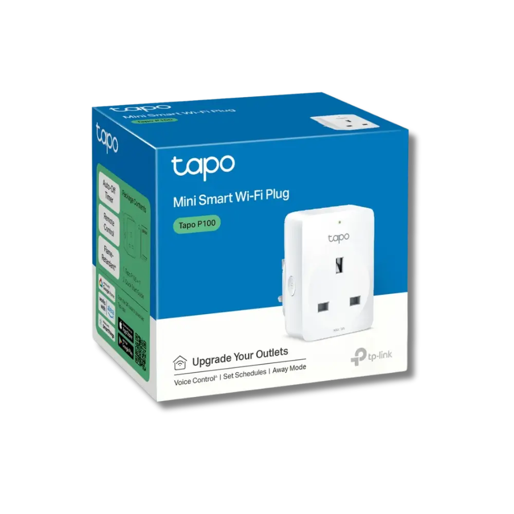 TP-Link Tapo P100 Mini Smart Wi-Fi Plug in white color, with packaging displaying product features and compatibility with voice control and smart home systems.