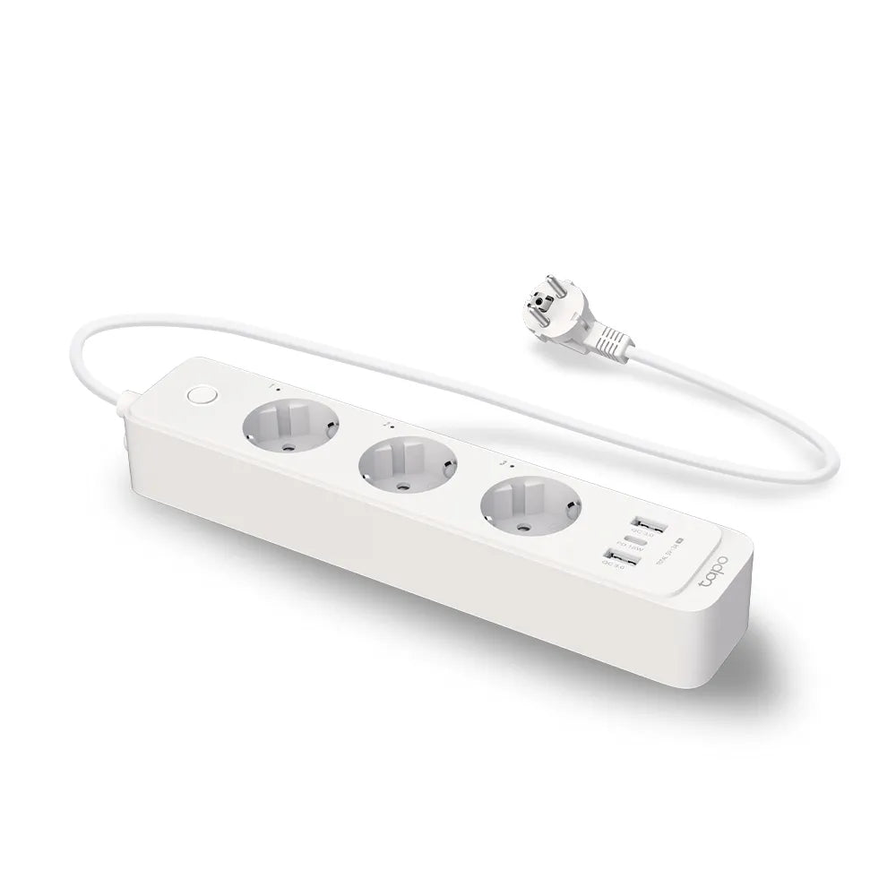 TP-Link Tapo P300 Smart Wi-Fi Power Strip with three outlets and multiple charging ports, in white color.