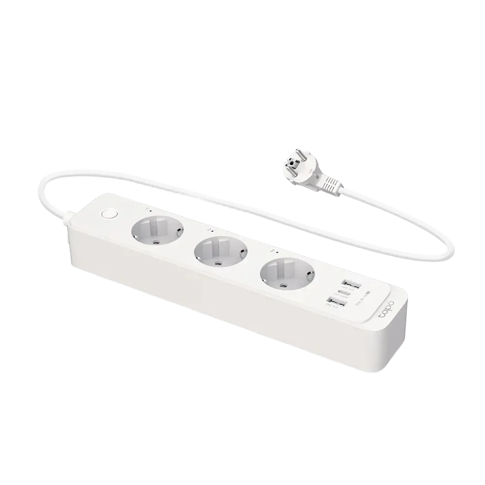 TP-Link Tapo P300 Smart Wi-Fi Power Strip with three outlets and multiple charging ports, in white color.
