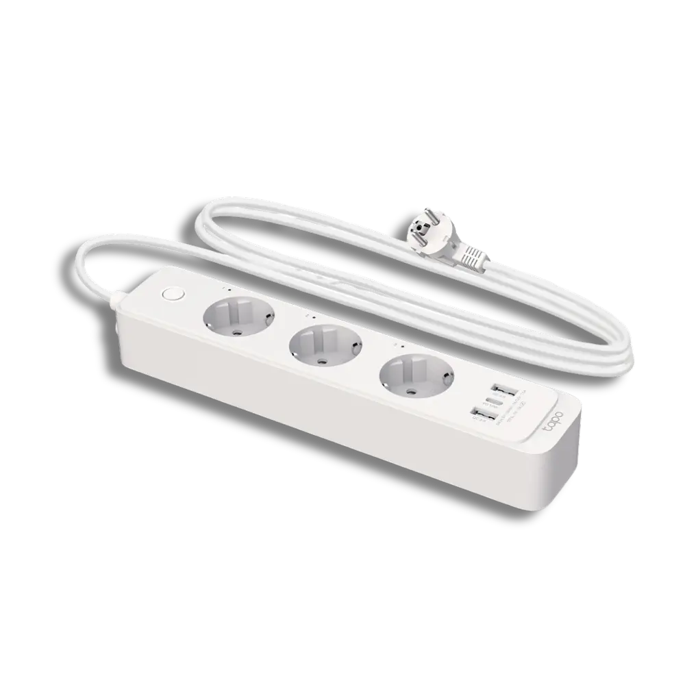 TP-Link Tapo P300 Smart Wi-Fi Power Strip with three outlets and multiple charging ports, in white color.