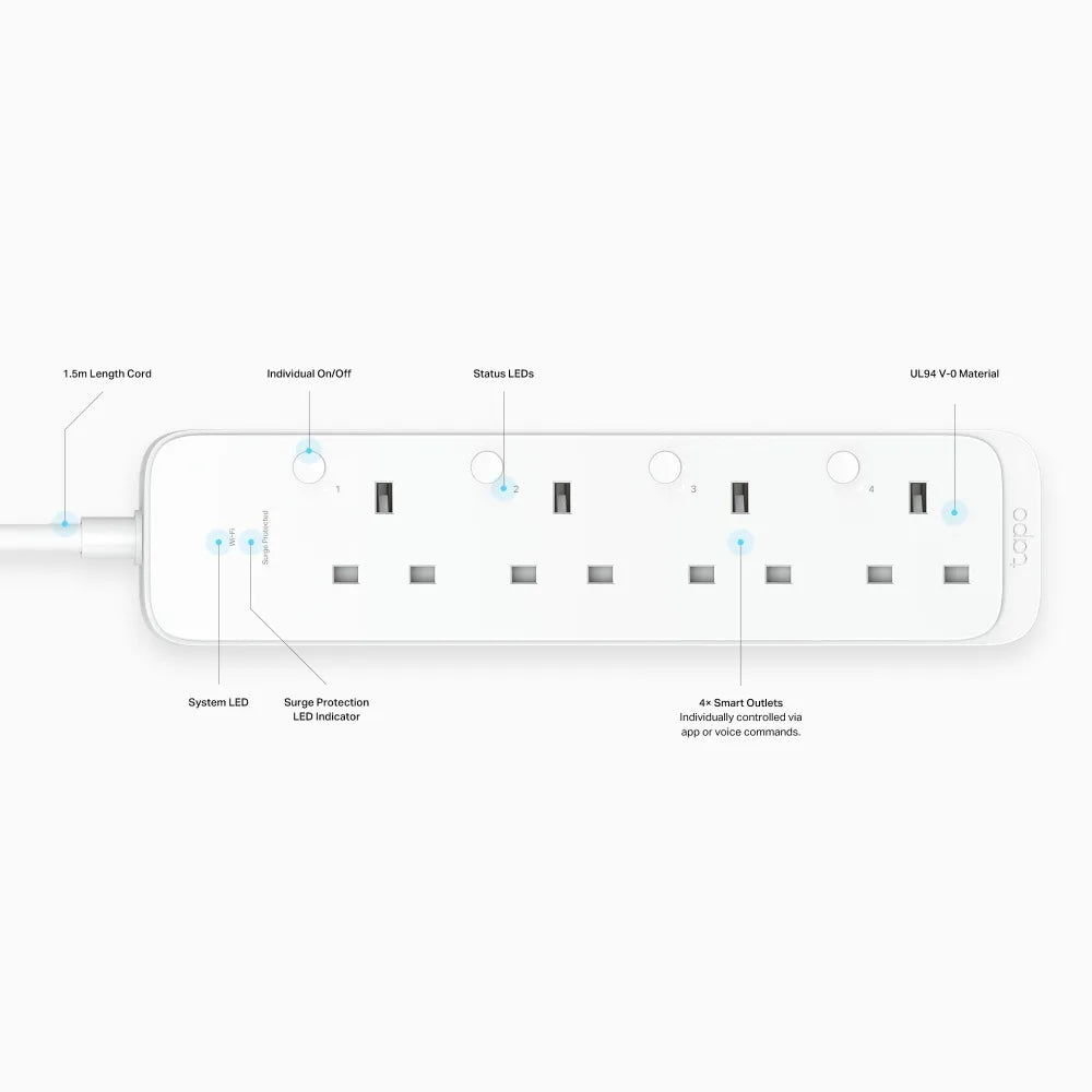 TP-Link Tapo P304M Matter Smart Wi-Fi Power Strip with 4 UK Outlets and Individual On/Off Switches - Individual Outlet Control