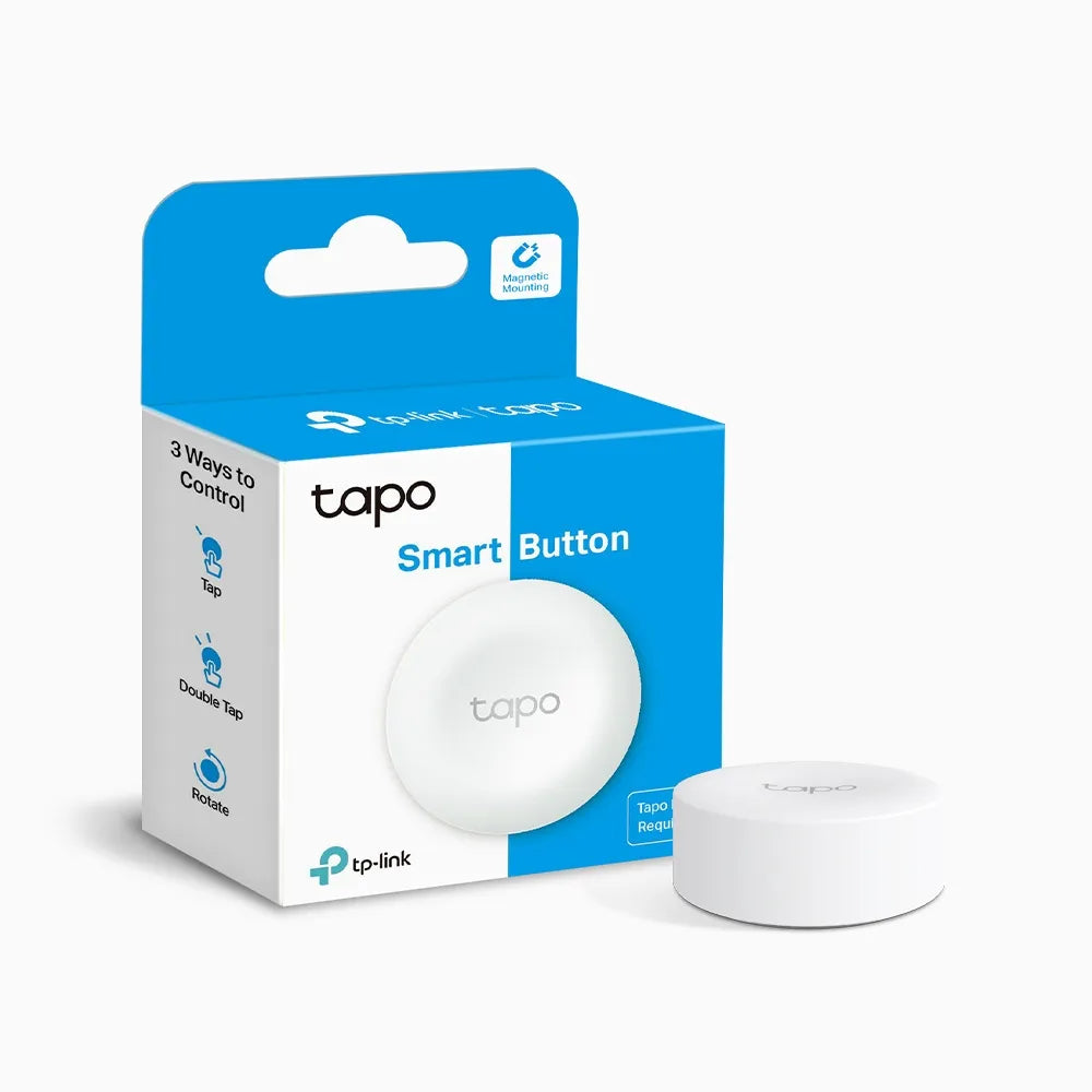 TP-Link Tapo S200B Smart Button packaging and the device itself displayed in front of the packaging. The button is white with the Tapo logo, and the packaging is blue and white.