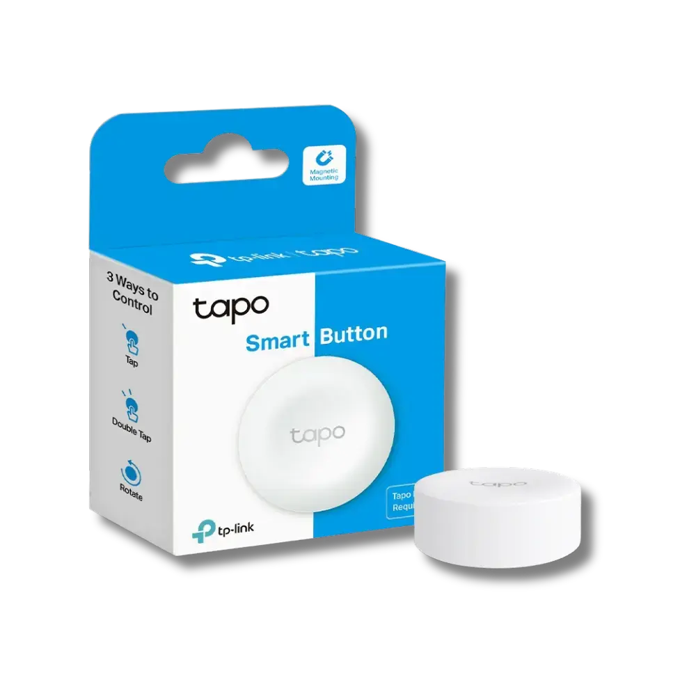 TP-Link Tapo S200B Smart Button packaging and the device itself displayed in front of the packaging. The button is white with the Tapo logo, and the packaging is blue and white.