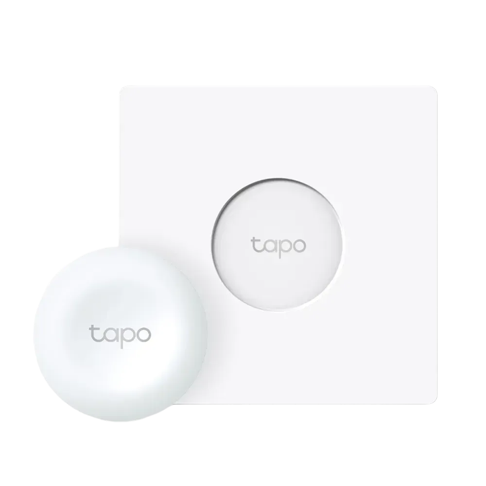 TP-Link Tapo S200D Smart Remote Dimmer Switch, showing the round white device and its mounting plate.