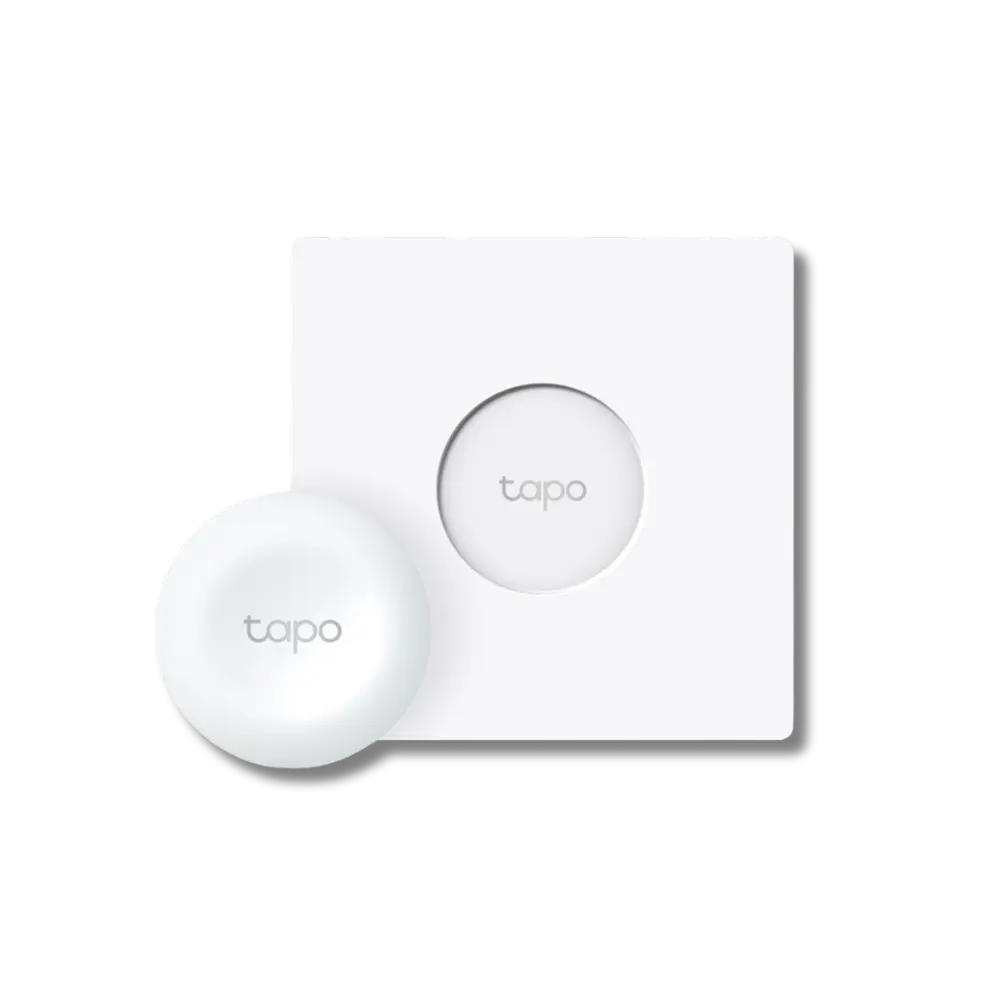TP-Link Tapo S200D Smart Remote Dimmer Switch, showing the round white device and its mounting plate.