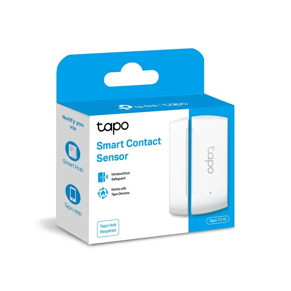 TP-Link Tapo T110 Smart Contact Sensor packaging, predominantly white and blue with an image of the device on the front.