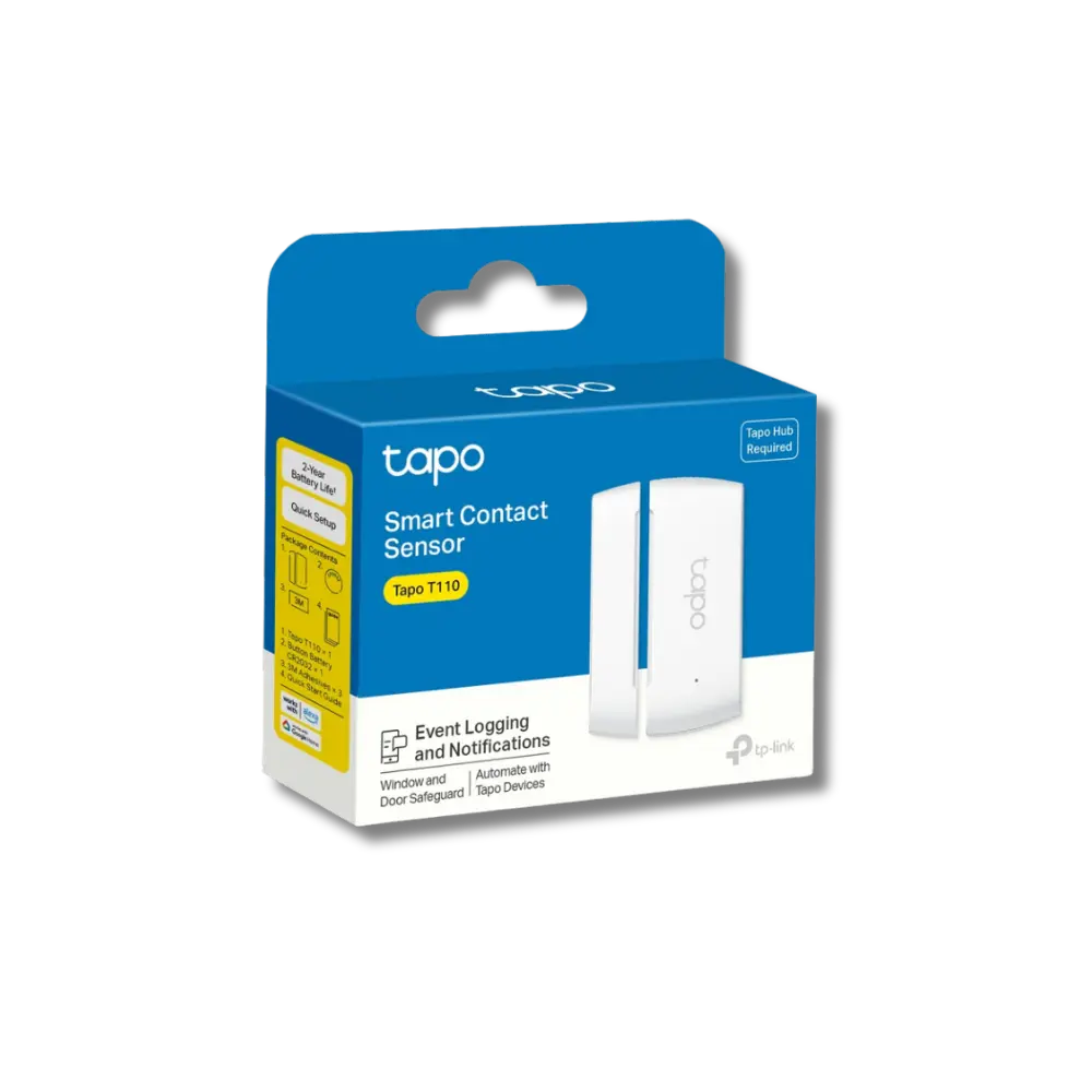 TP-Link Tapo T110 Smart Contact Sensor packaging, predominantly white and blue with an image of the device on the front.