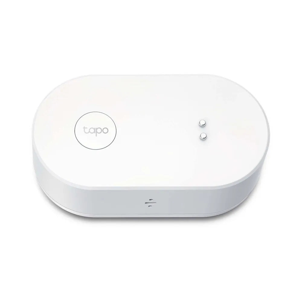 TP-Link Tapo T300 Smart Water Leak Sensor, white oval-shaped device with the Tapo logo, showing indicator lights
