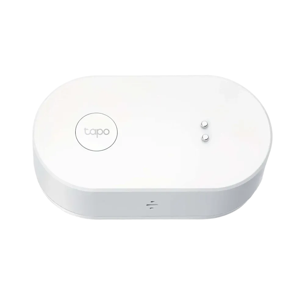 TP-Link Tapo T300 Smart Water Leak Sensor, white oval-shaped device with the Tapo logo, showing indicator lights