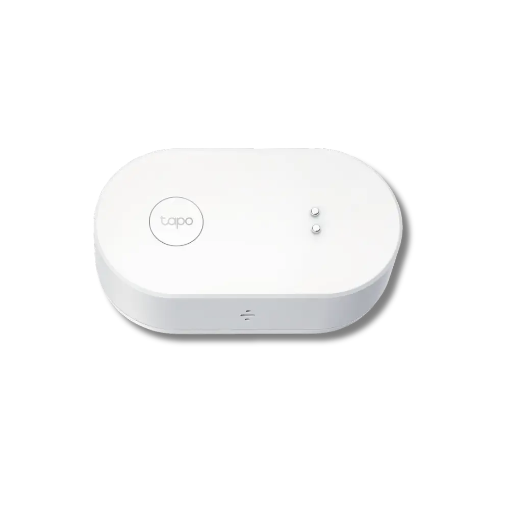 TP-Link Tapo T300 Smart Water Leak Sensor, white oval-shaped device with the Tapo logo, showing indicator lights