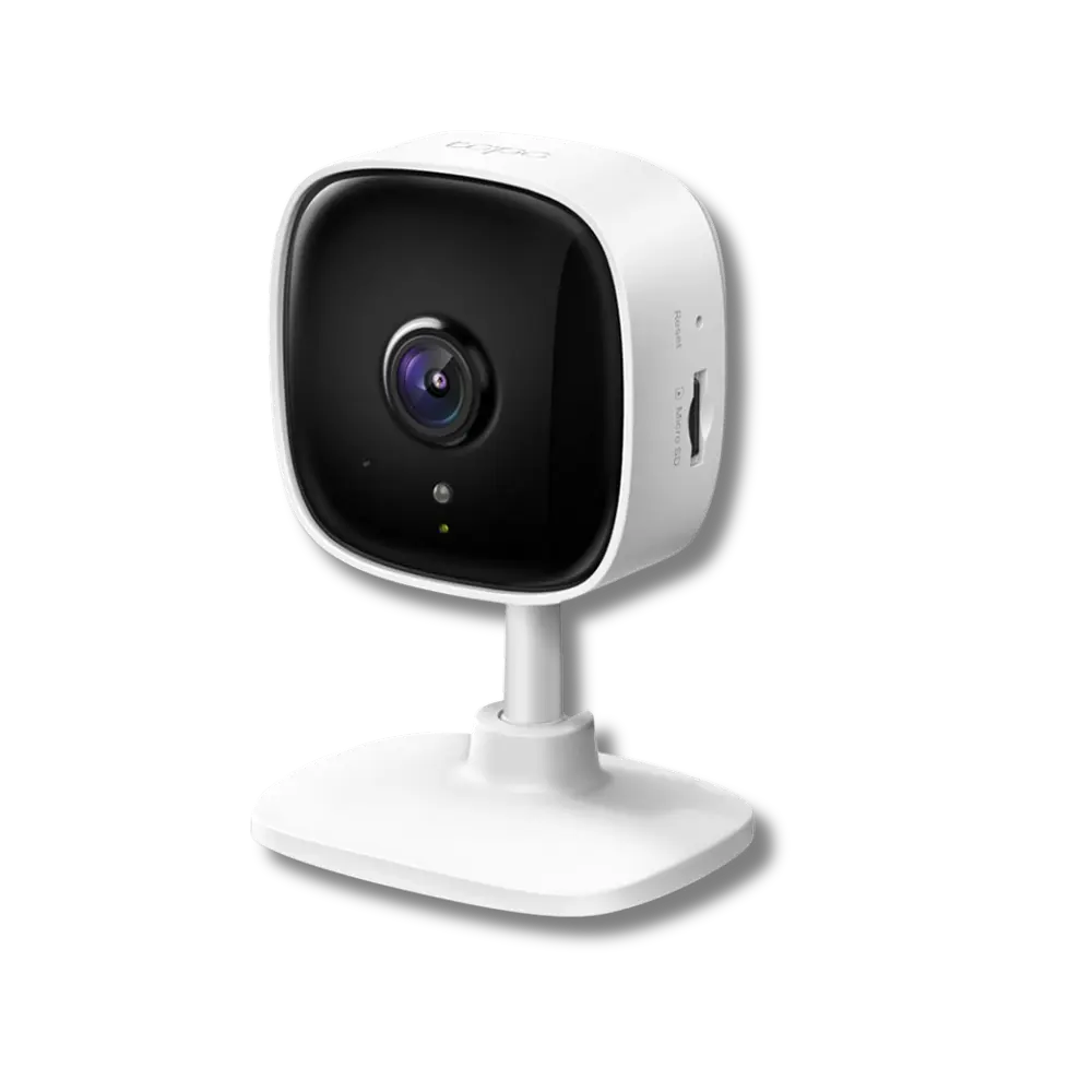TP-Link Tapo TC60 Home Security Wi-Fi Camera, white color, with a modern design featuring a lens at the center and a flat base for placement.