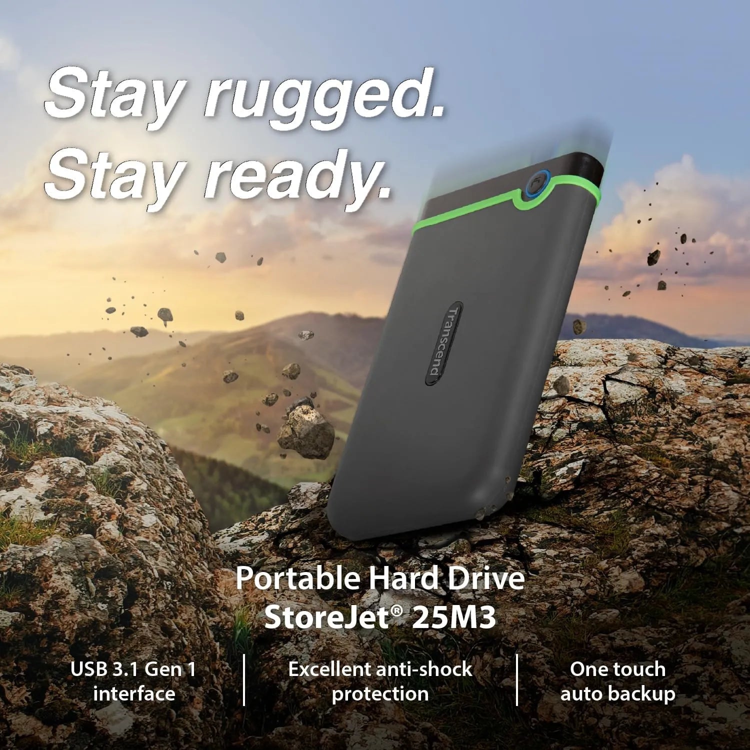 Transcend StoreJet 25M3 Portable HDD Rugged Degisn with Auto-backup Button - متجر TT Tab للتقنيات الحديثة