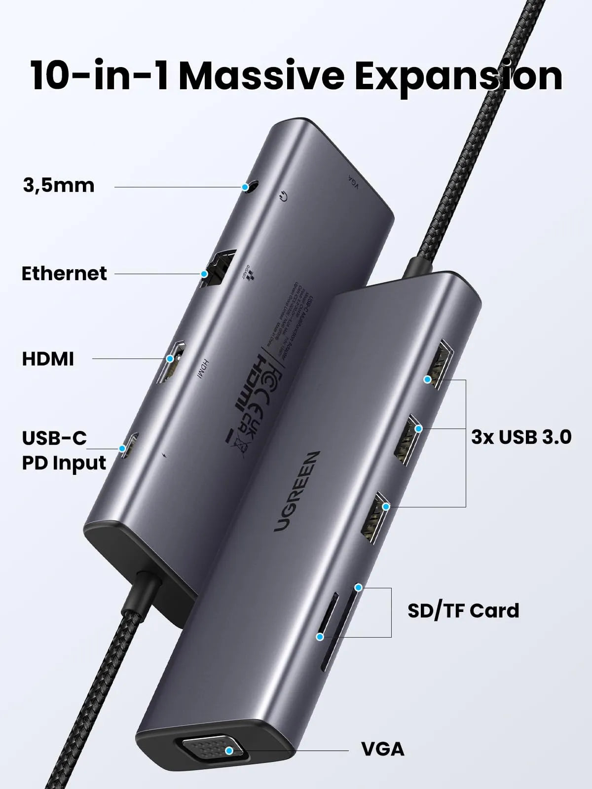 UGREEN USB C Hub, 10-in-1 USB-C Dongle with 4K HDMI & VGA Dual Monitor - للتقنيات الحديثة TT TAB متجر