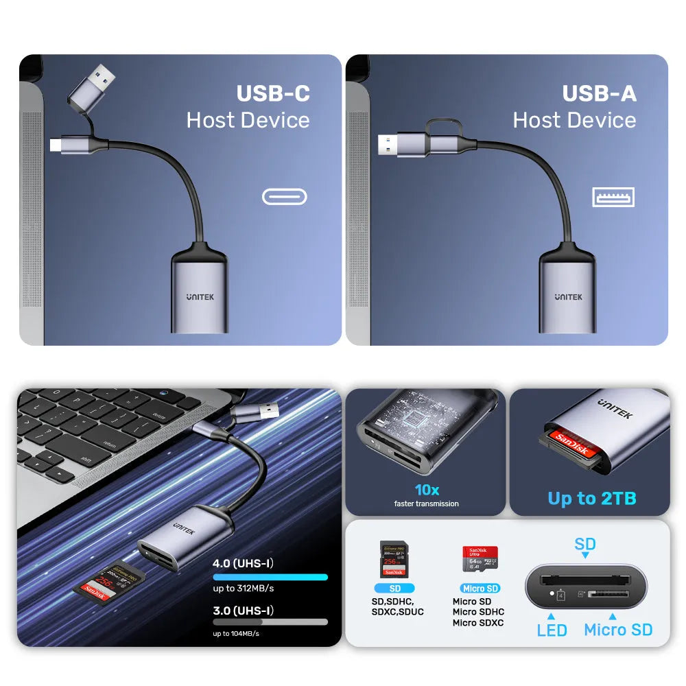 Unitek R1018E01 2-in-1 USB-C/A SD4.0 Card Reader - للتقنيات الحديثة TT TAB متجر