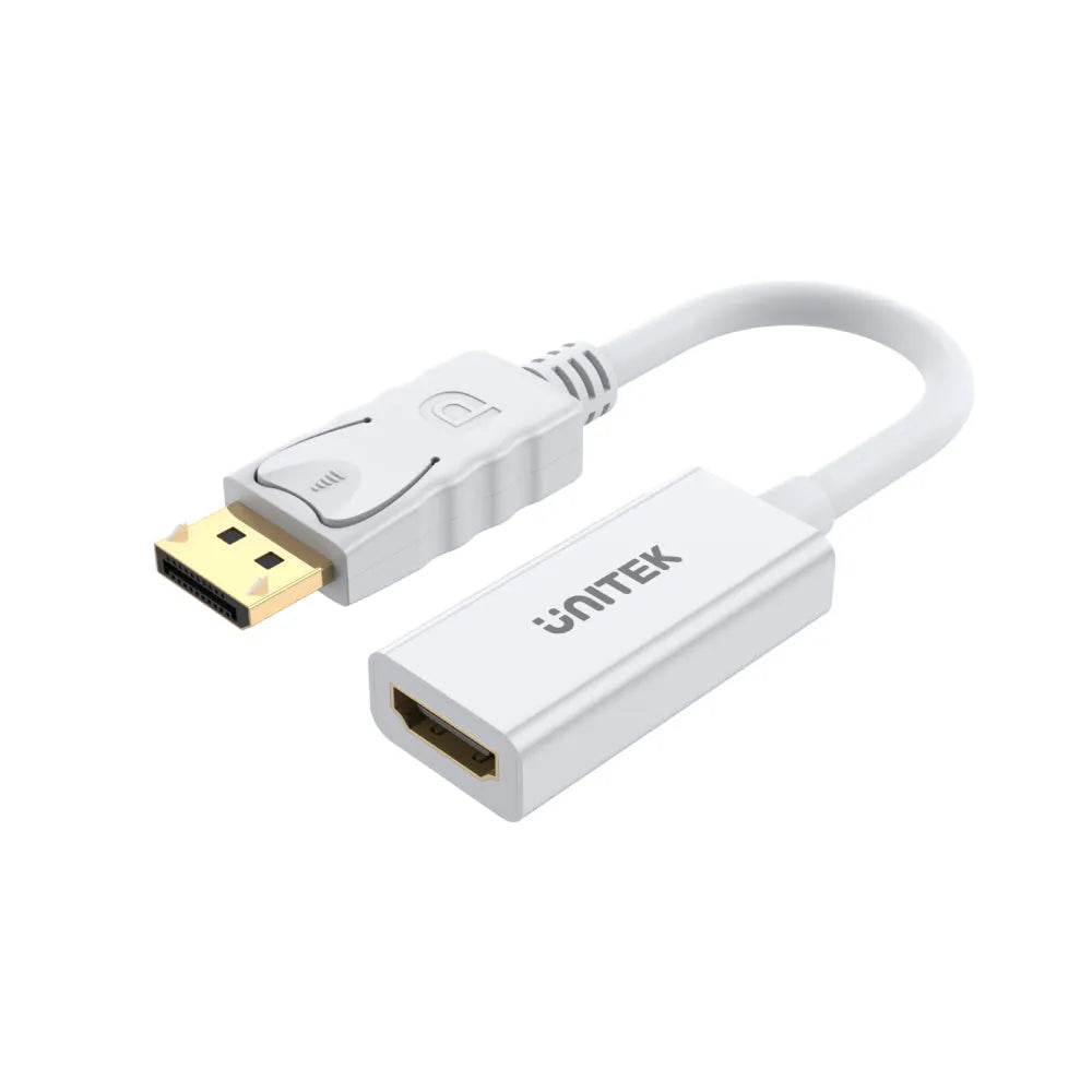 An Unitek 4K 30Hz DisplayPort to HDMI 1.4 Adapter with a white and gold color scheme.