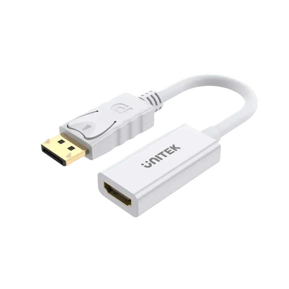 An Unitek 4K 30Hz DisplayPort to HDMI 1.4 Adapter with a white and gold color scheme.