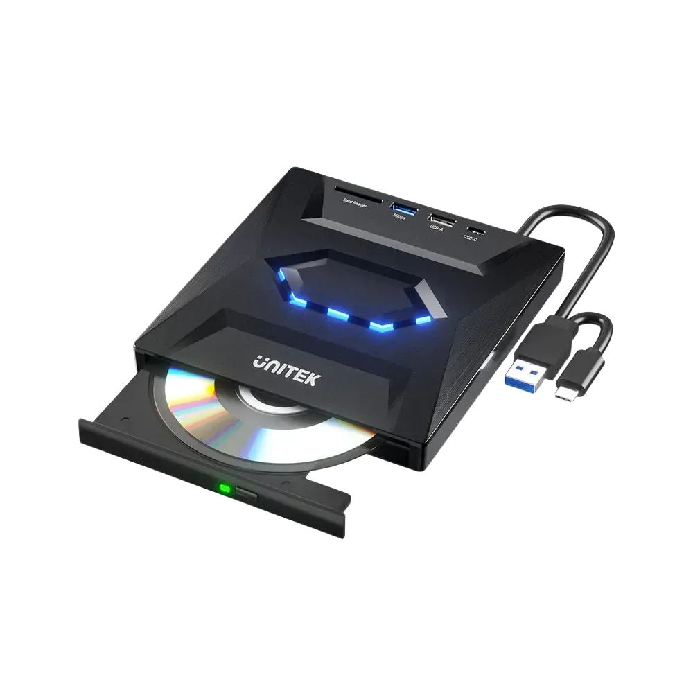 A black Unitek 5-in-1 external optical drive with a USB hub and card reader, featuring a disc tray and USB ports.