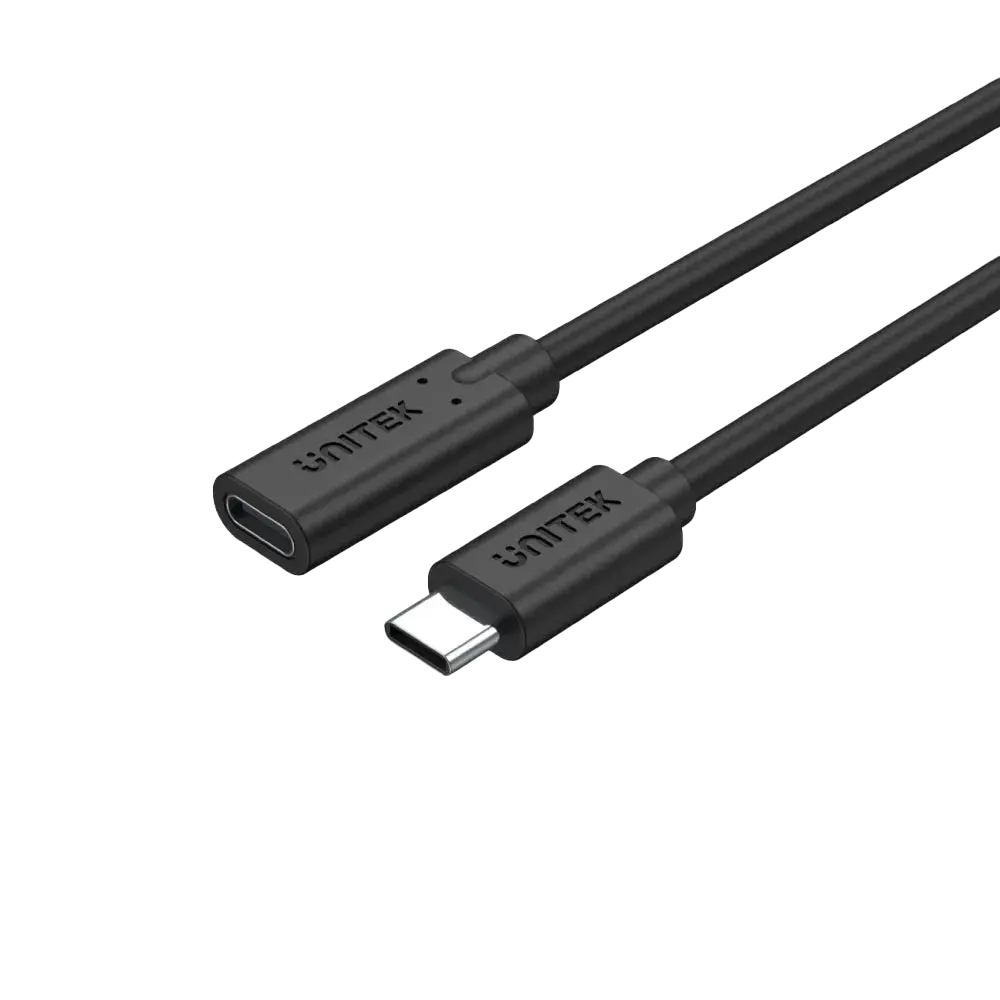 A black Unitek USB-C extension cable with a male connector on one end and a female connector on the other.