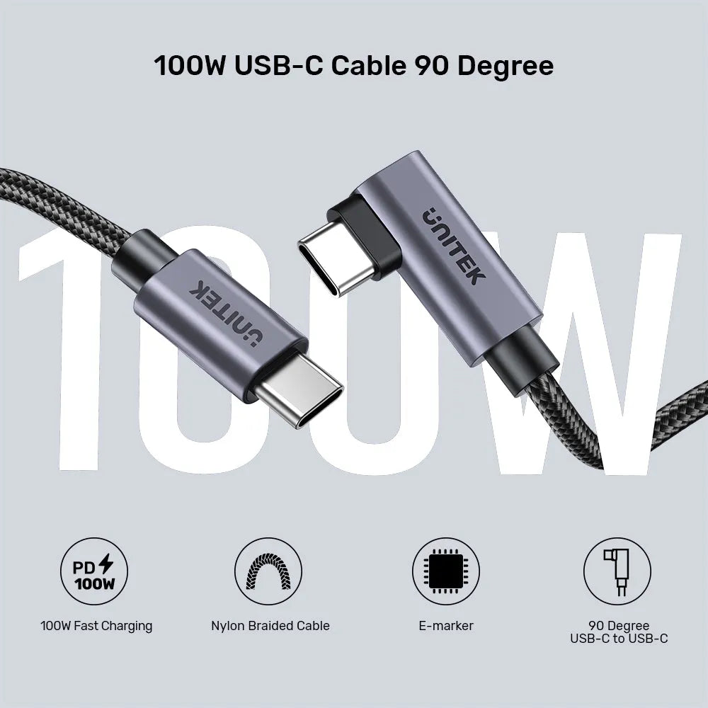Unitek C14123BK 100W USB-C to USB-C Charging Cable with 90° Connector - متجر TT Tab للتقنيات الحديثة