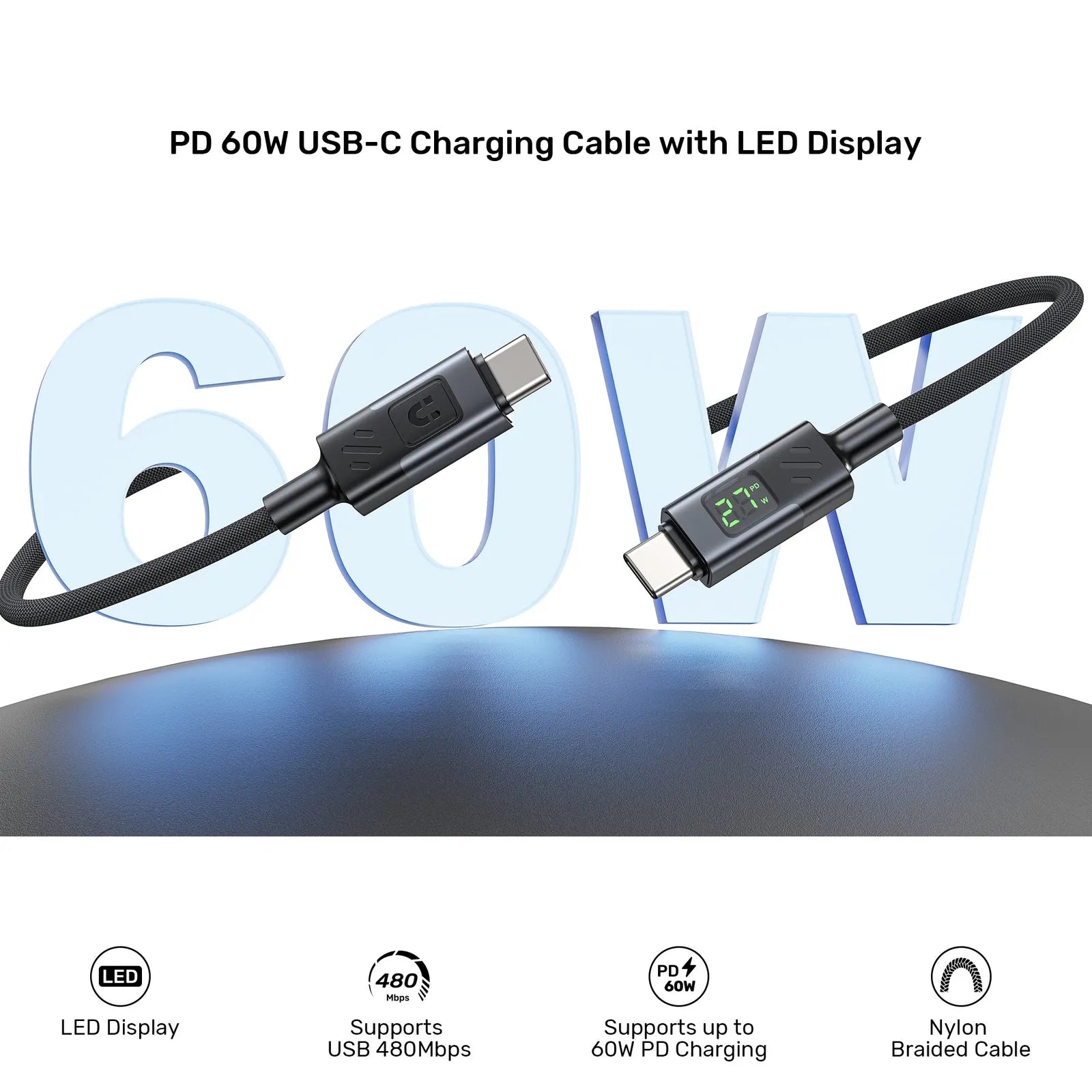 Unitek C14158ABK PD 60W USB-C to USB-C Charging Cable with LED Display - متجر TT Tab للتقنيات الحديثة
