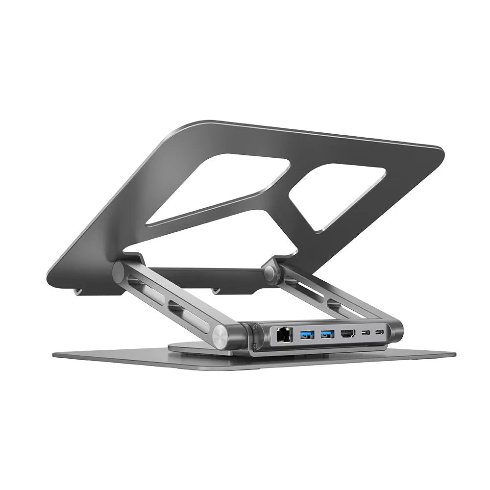 A gray Unitek laptop stand with a docking station featuring multiple ports, including USB-C, HDMI, and Ethernet, displayed with a laptop on it.