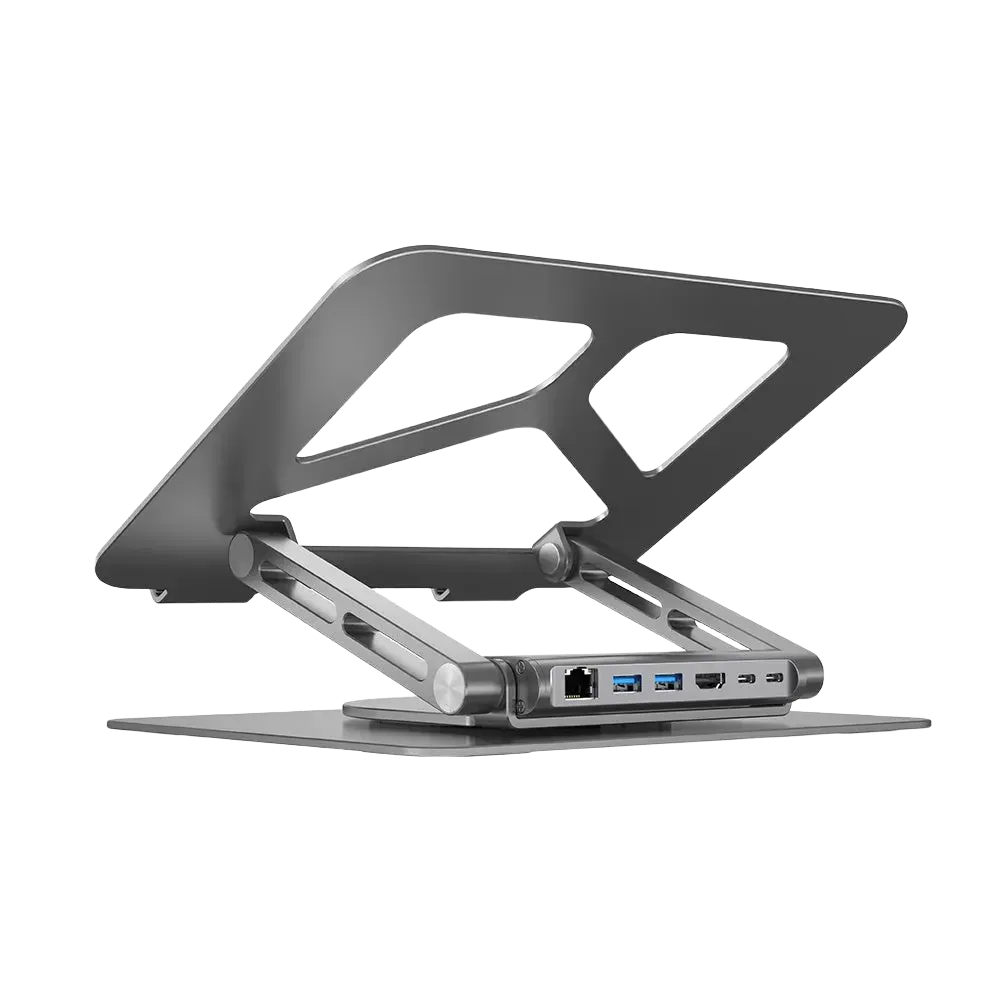 A gray Unitek laptop stand with a docking station featuring multiple ports, including USB-C, HDMI, and Ethernet, displayed with a laptop on it.