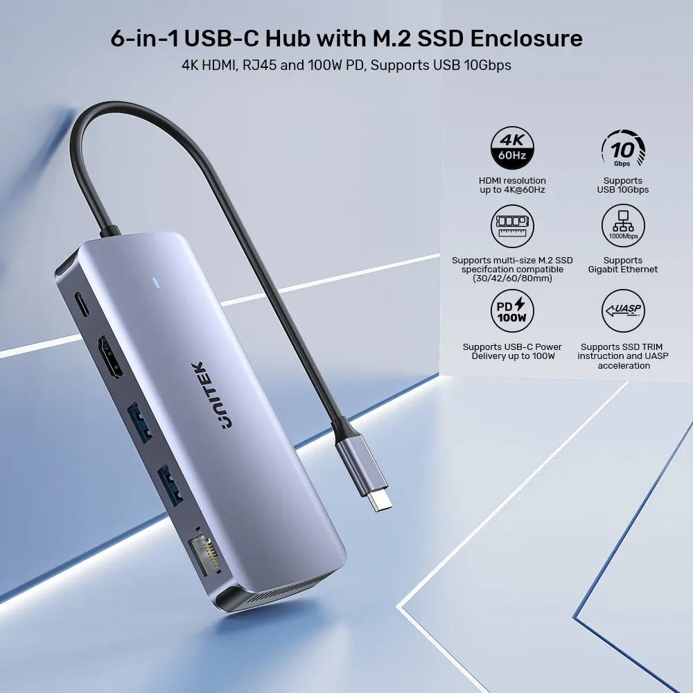 Unitek D1120A01 6-in-1 USB-C Hub with M.2 SSD Enclosure - للتقنيات الحديثة TT TAB متجر