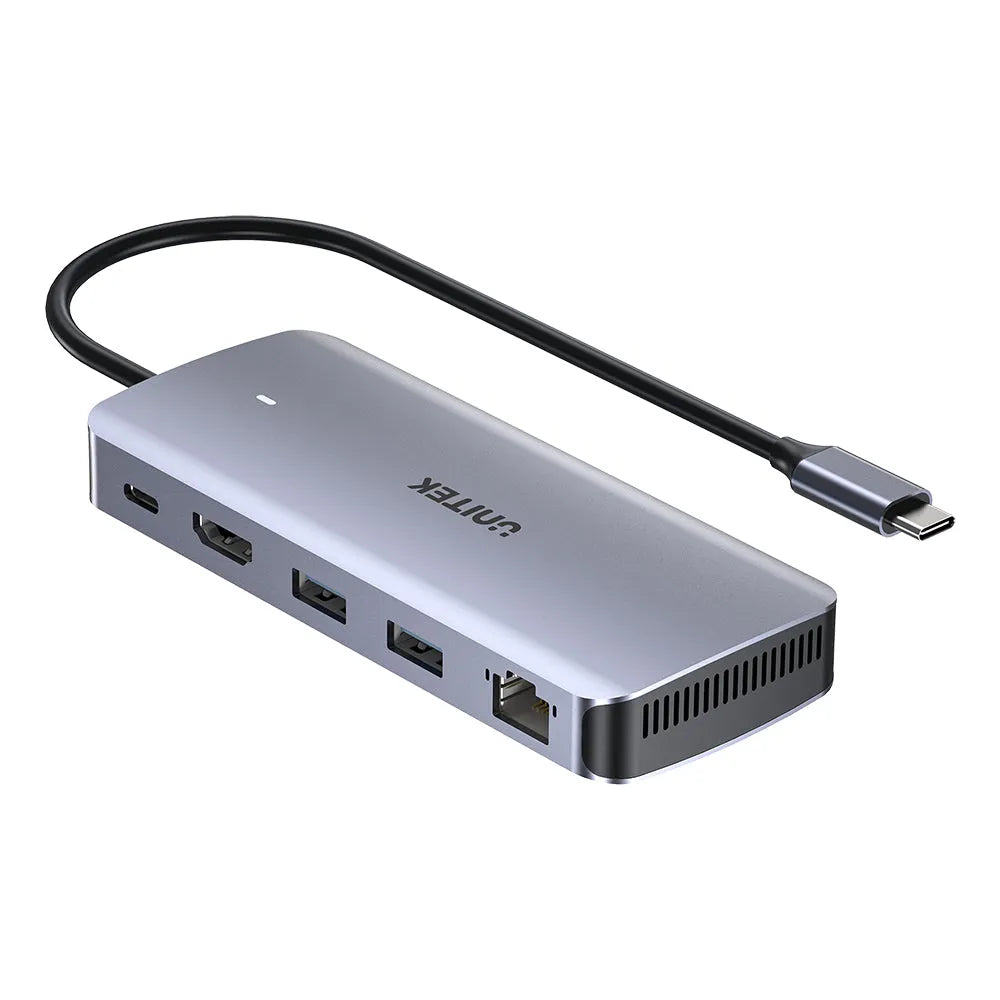 Silver USB hub with multiple ports and a cable on a white background