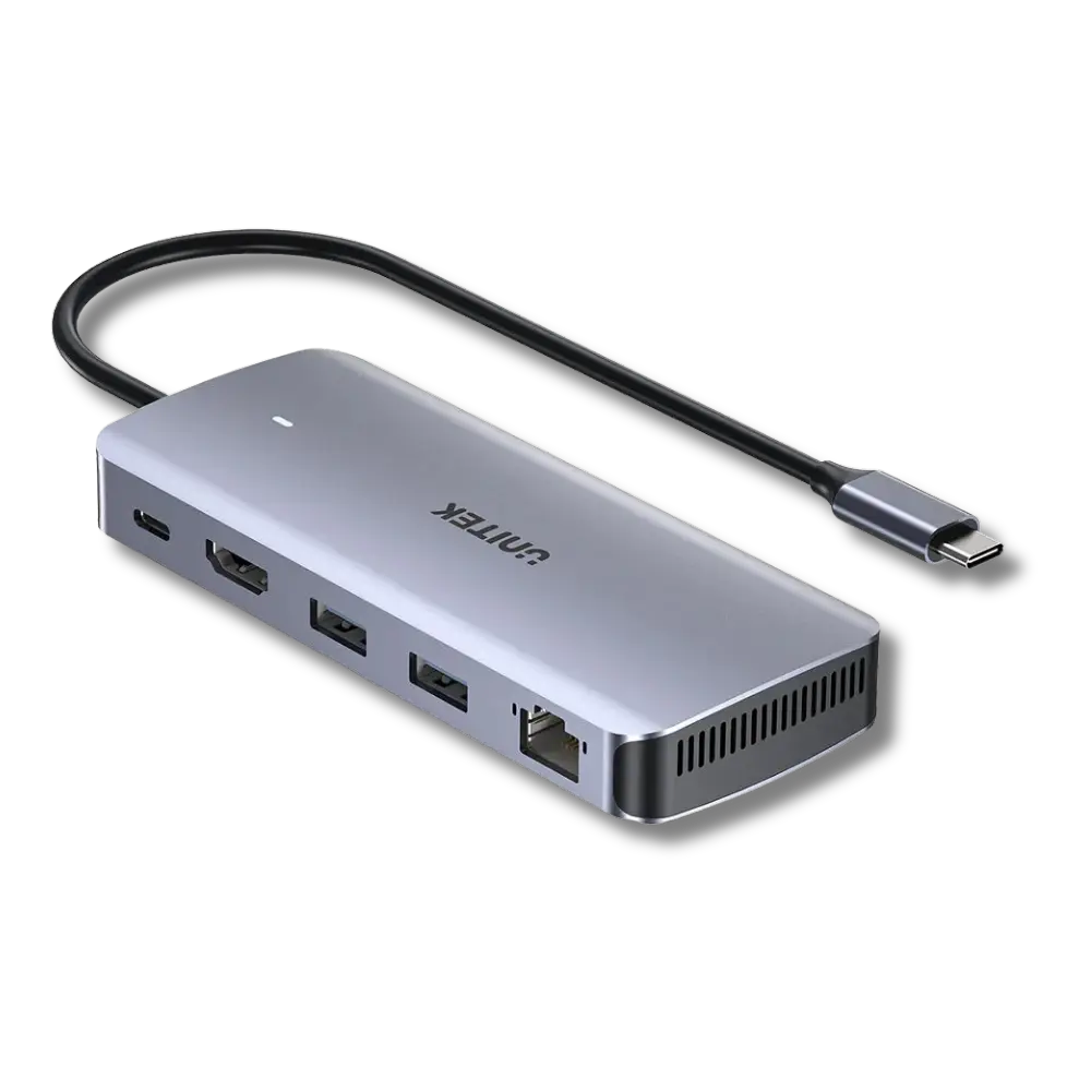 Silver USB hub with multiple ports and a cable on a white background