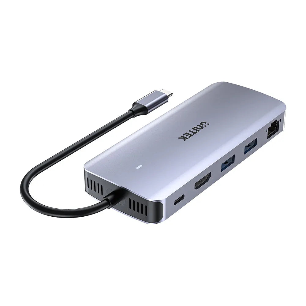 Silver USB hub with multiple ports and a cable on a white background
