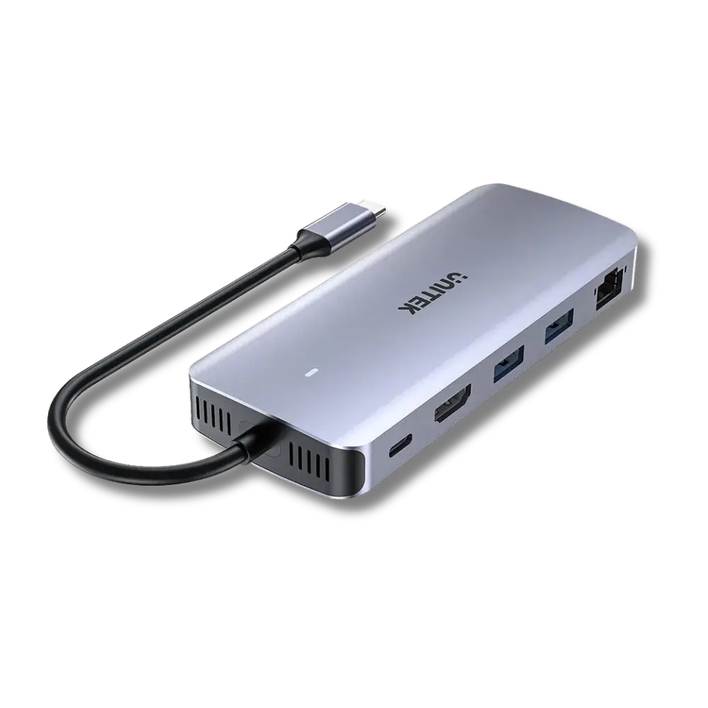 Silver USB hub with multiple ports and a cable on a white background