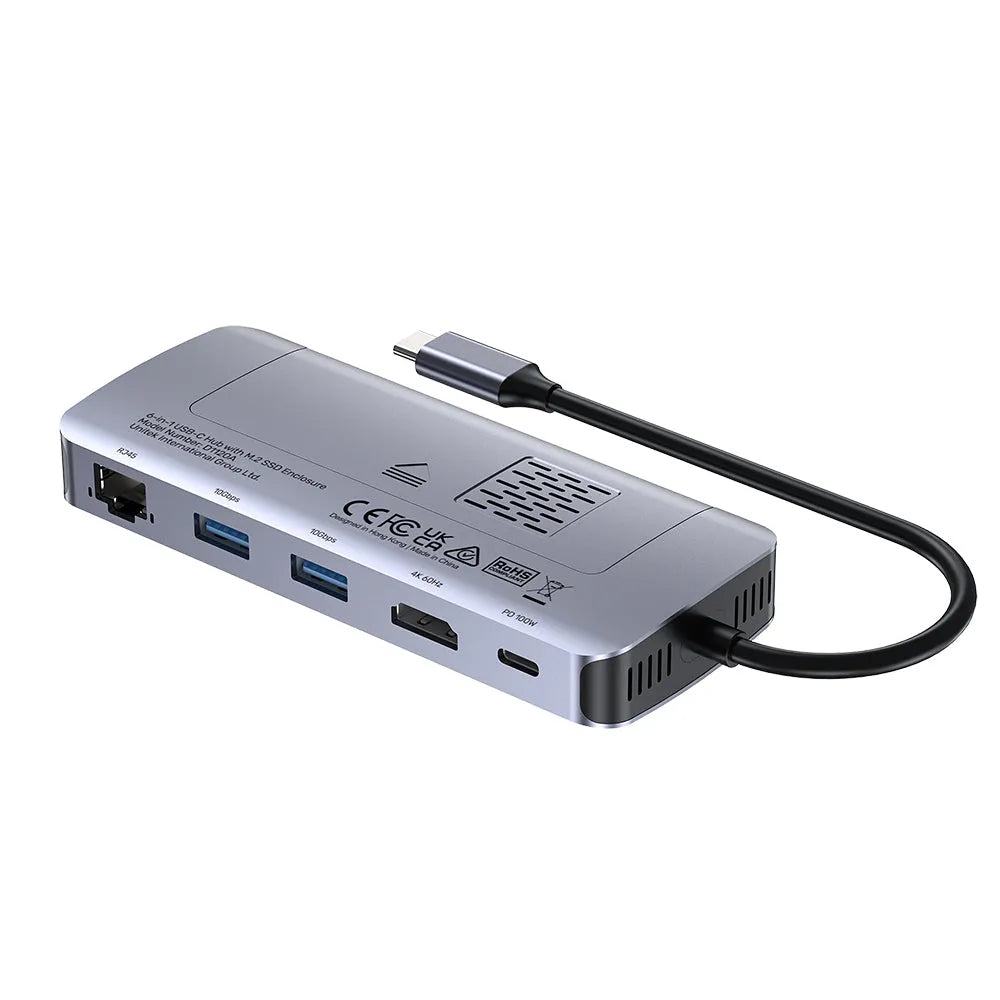 Silver USB hub with multiple ports and a cable on a white background