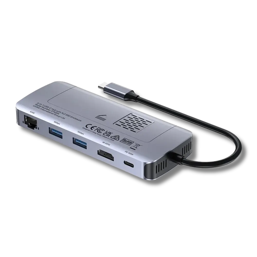Silver USB hub with multiple ports and a cable on a white background