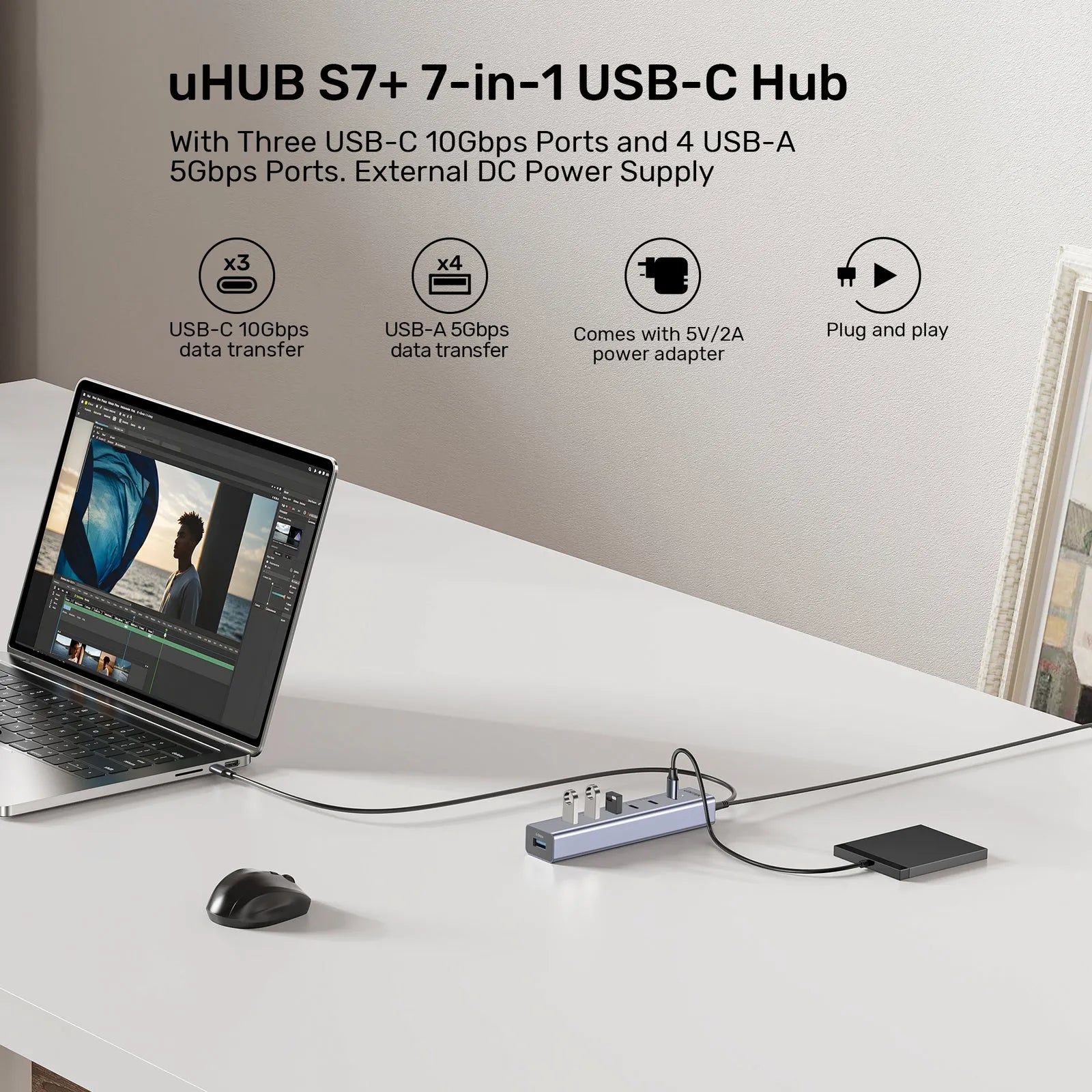 Unitek H1335AGY01 uHUB S7+ 7-in-1 USB-C Hub With 3 USB-C 10Gbps Power Adapter - متجر TT Tab للتقنيات الحديثة