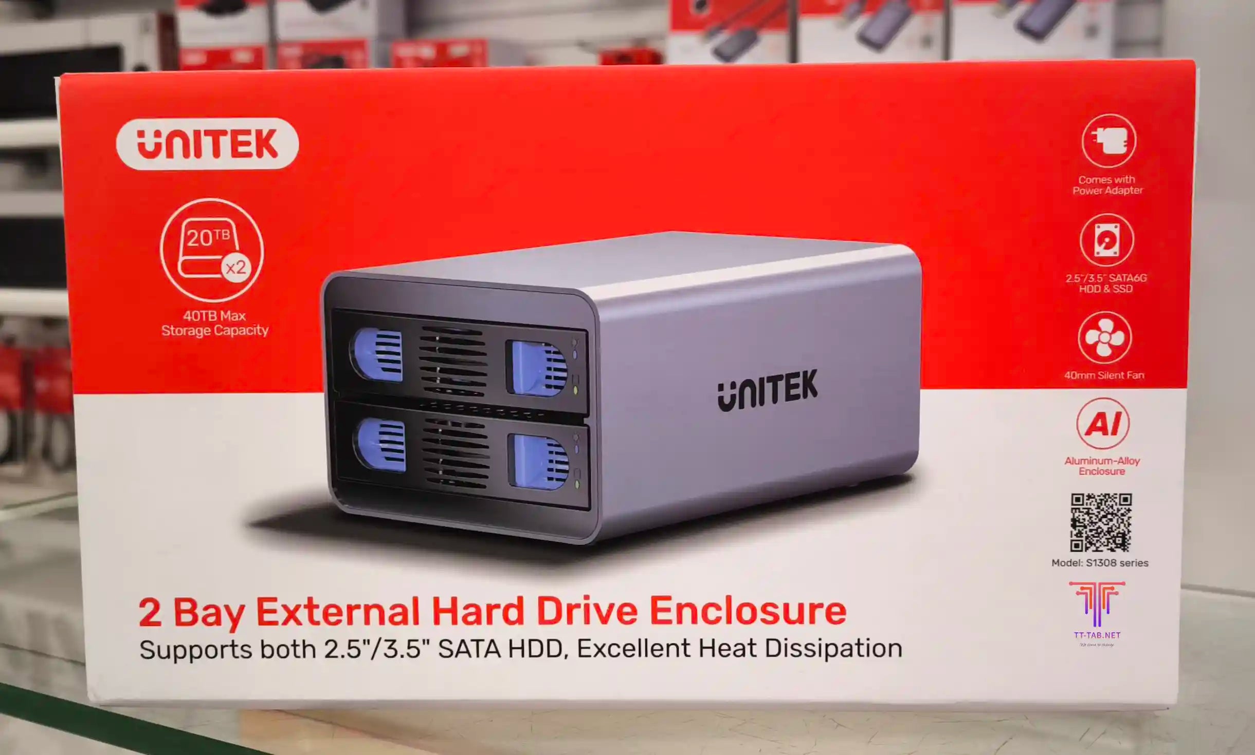 Unitek 2 Bay External Hard Drive Enclosure packaging on a shelf