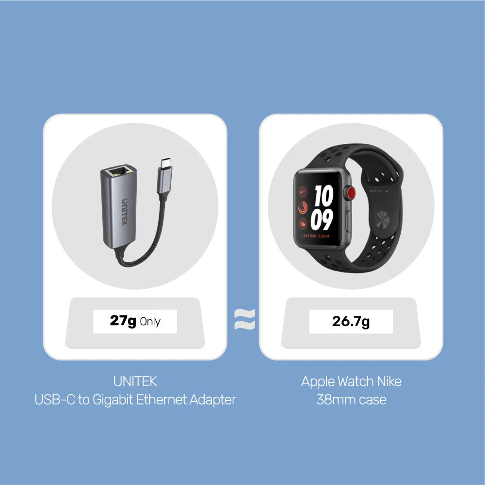 Comparison of UNITEK USB-C to Gigabit Ethernet adapter weight with Apple Watch Nike case weight on a blue background.