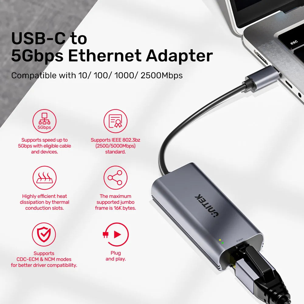 Unitek U1343AGY01 USB-C to 5Gbps Ethernet Adapter - متجر TT Tab للتقنيات الحديثة