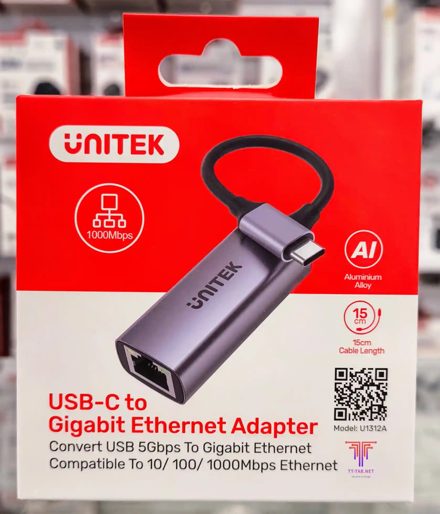 Unitek USB-C to Gigabit Ethernet Adapter packaging with red and white design.