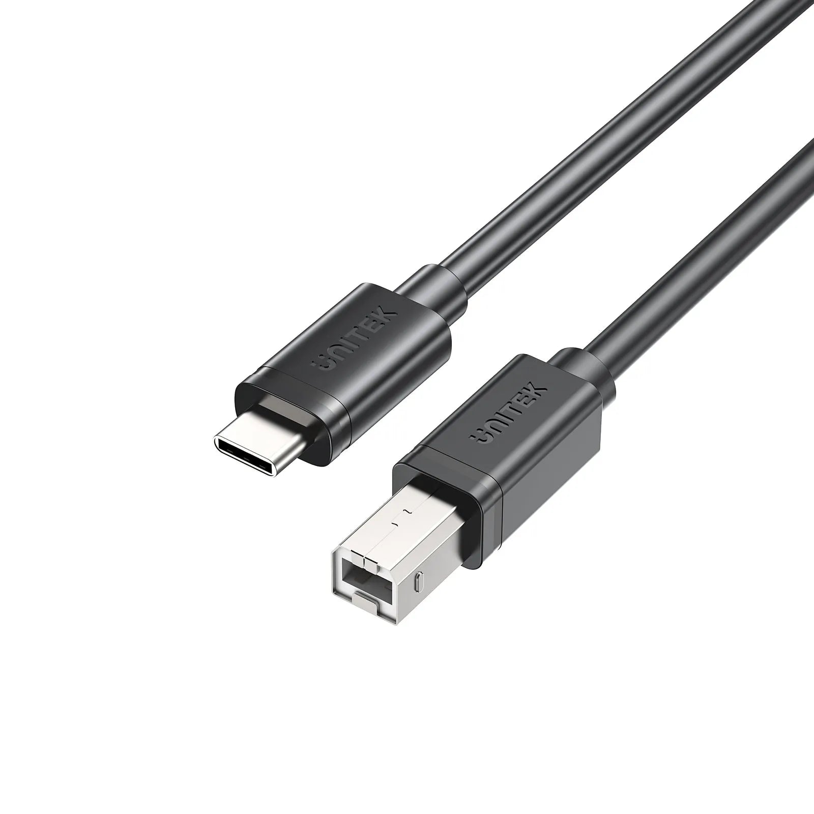 A black USB-C to USB-B data and charging cable with standard USB connectors on both ends.