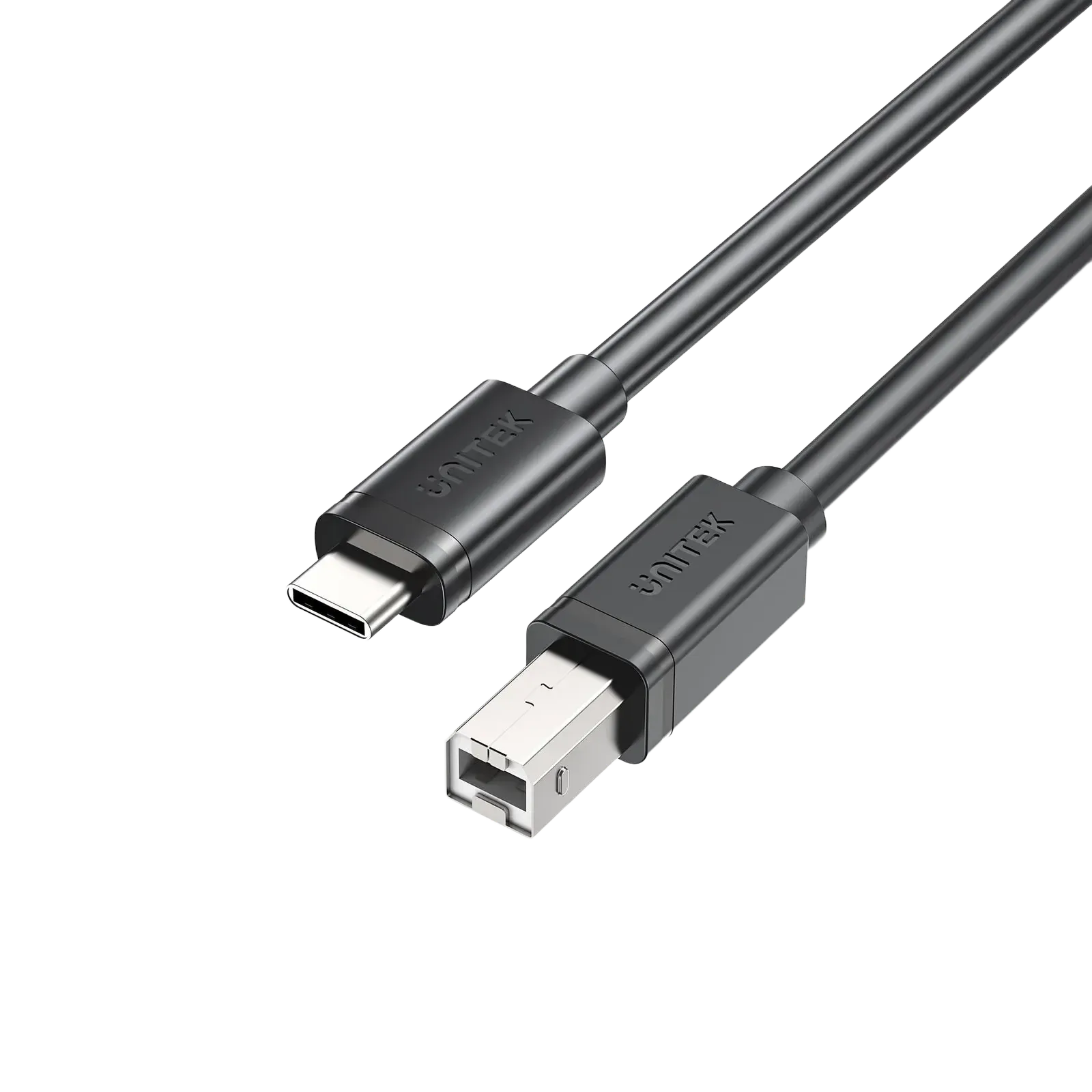 A black USB-C to USB-B data and charging cable with standard USB connectors on both ends.