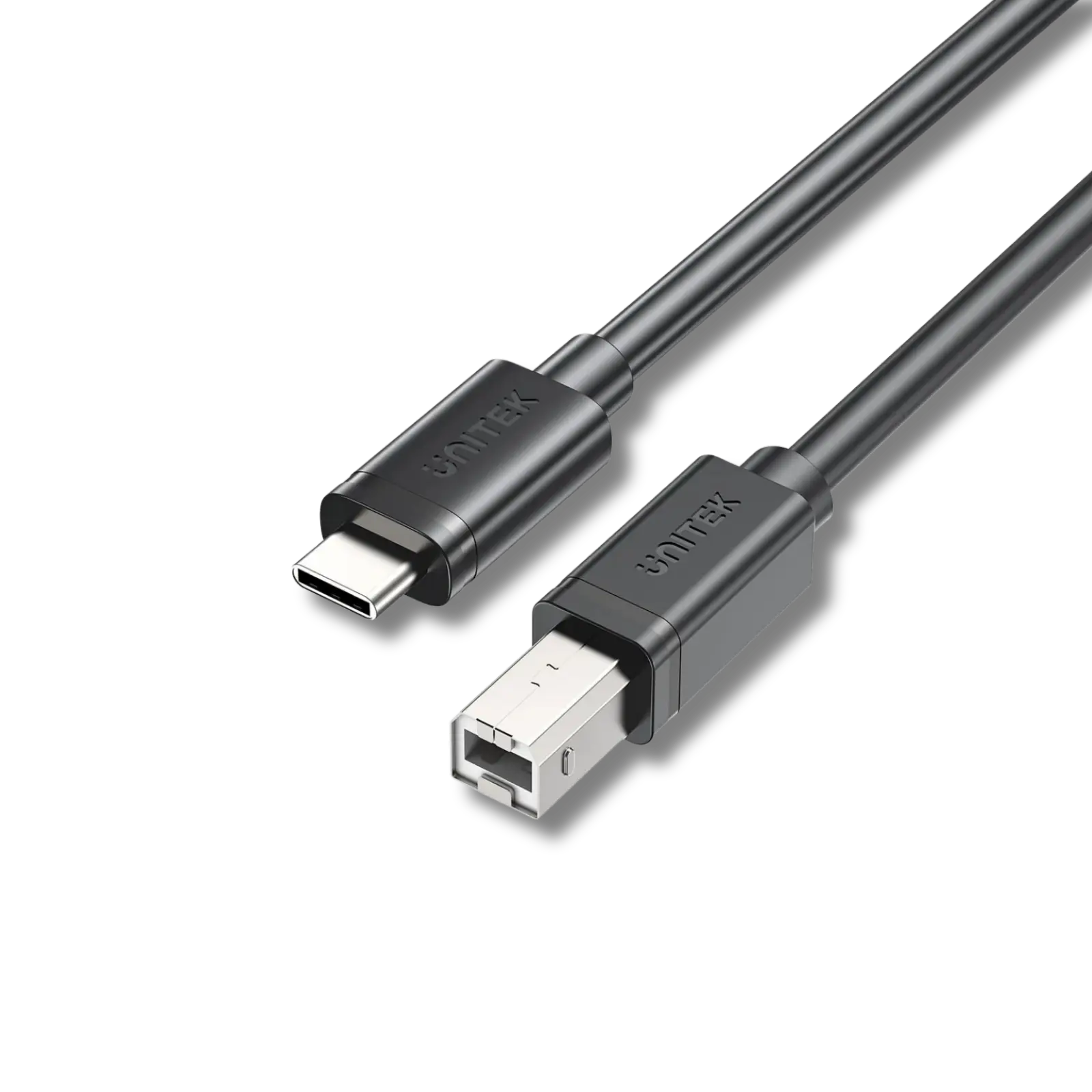 A black USB-C to USB-B data and charging cable with standard USB connectors on both ends.
