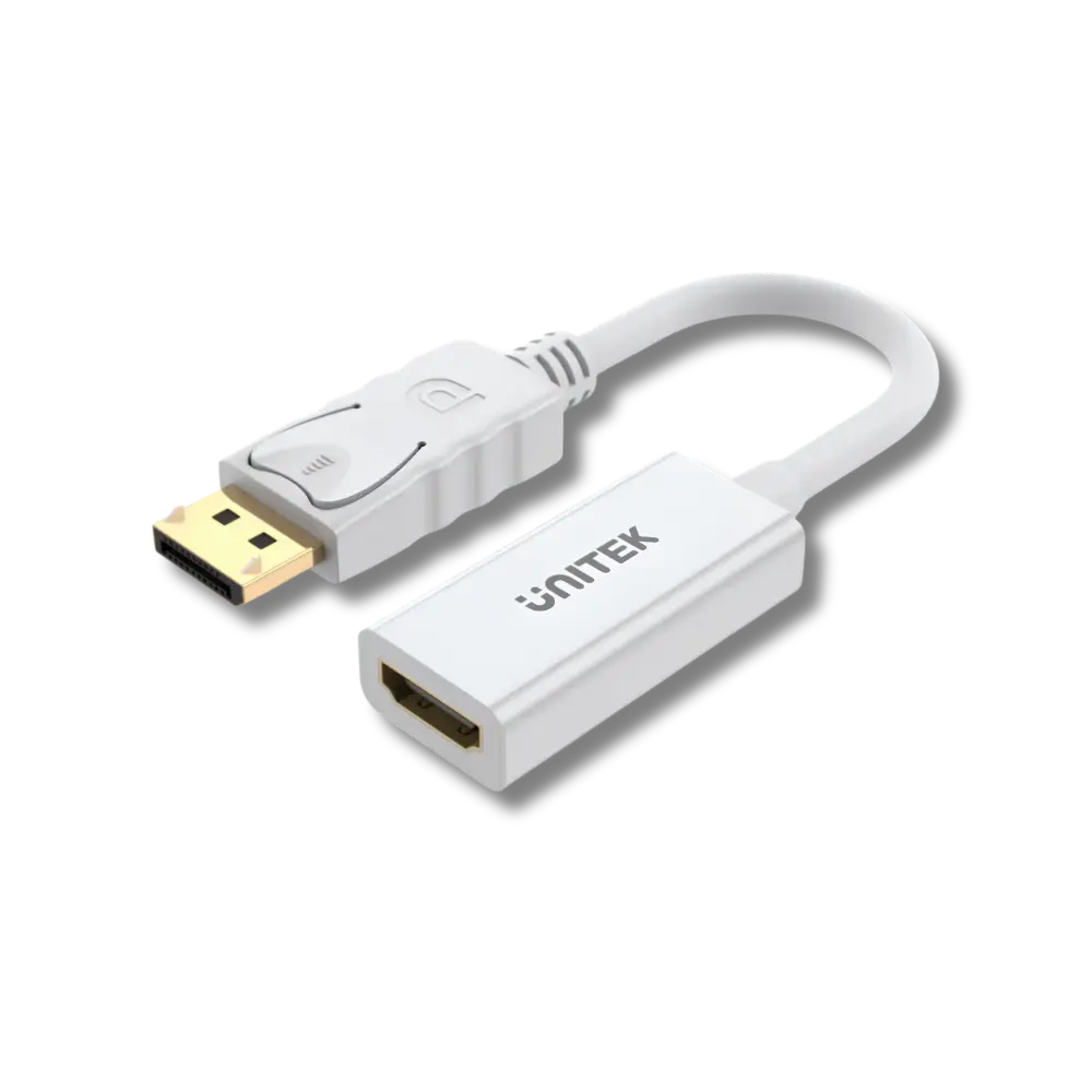 An Unitek 4K 30Hz DisplayPort to HDMI 1.4 Adapter with a white and gold color scheme.
